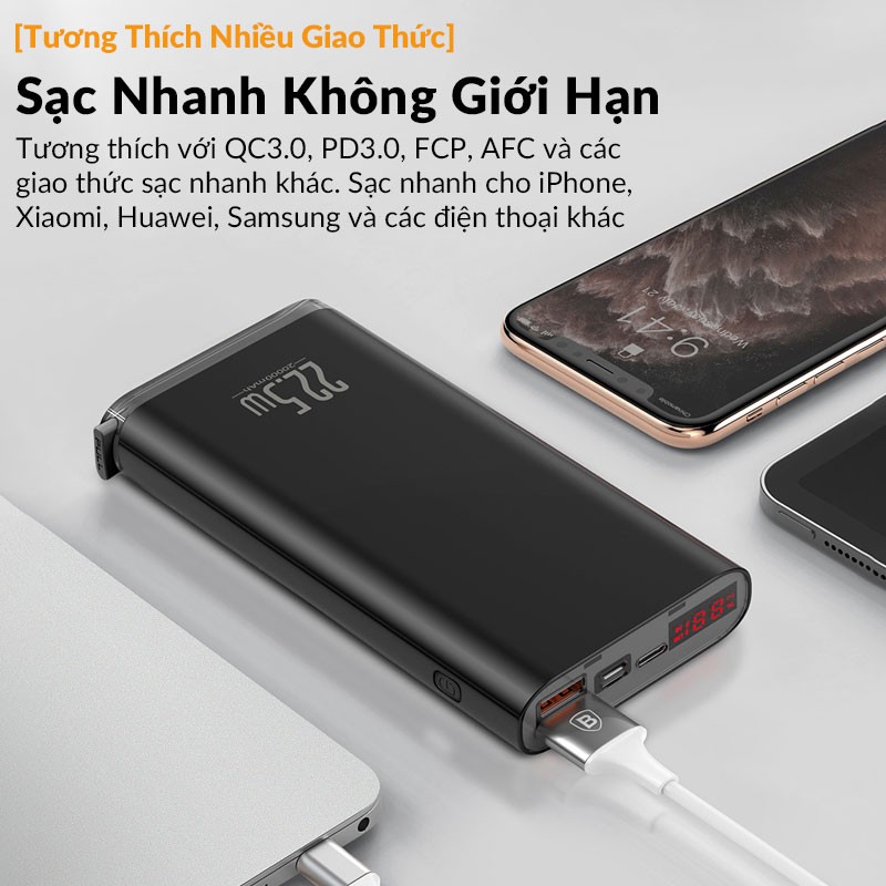 Pin Dự Phòng 20000mAh Baseus Starlight Digital Display 3 input, 3 output, Hỗ Trợ Sạc Nhanh 2 Chiều PD3.0, QC3.0 AFC, FCP