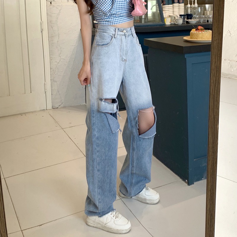 Quần Jeans Dài Rách Gối Thời Trang Dành Cho Nữ