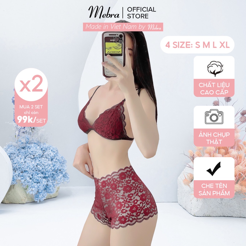 Set đồ lót bralette nữ ren hoa đỏ đô quần đùi boxer không gọng mút mỏng thương hiệu Mebra A092