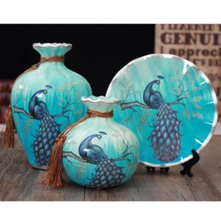 Bộ 2 bình 1 đĩa gốm sứ Công xanh da trời