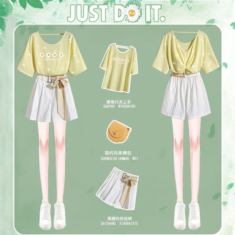SET Áo Thun Hoa Cúc Vàng + Quần Lụa Kaki Kèm Thắt Lưng Nơ