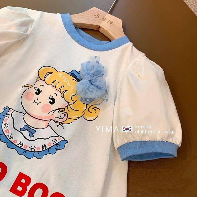 Đầm tay phồng viền ren in họa tiết hoạt hình phong cách Hàn Quốc phương Tây cho bé gái