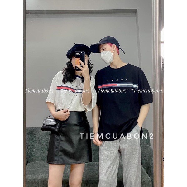 Áo phông xanh phối vải màu đỏ trắng, áo thun tay lỡ form unisex