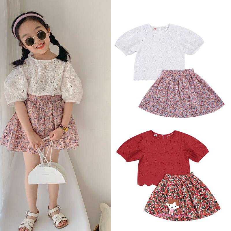 Set Áo Thun Ngắn Tay Cổ Tròn + Chân Váy Ren Hoa Cho Bé Gái 7-3 - 8 Tuổi