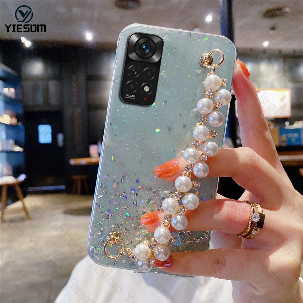 Sang Trọng ​Ốp Điện Thoại Silicon Mềm Trong Suốt Đính Kim Tuyến Kèm Dây Đeo Ngọc Trai Cho Xiaomi Redmi Note 11 Pro Redmi Note 11S 11Pro