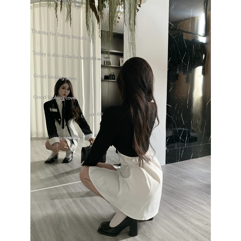 Set Áo Khoác Ngắn + Đầm Sơ Mi Nhiều Màu Sắc Phong Cách Preppy