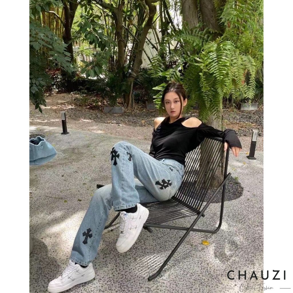 Quần jean ống rộng CHAUZI quần thêu chữ Thập kiểu ống rộng quần bò nam nữ Unisex dáng suông chất bò