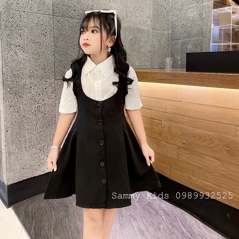 Set Yếm xoè Áo Sơmi kèm Tag Đá cao cấp cho bé gái size đại 16-41kg