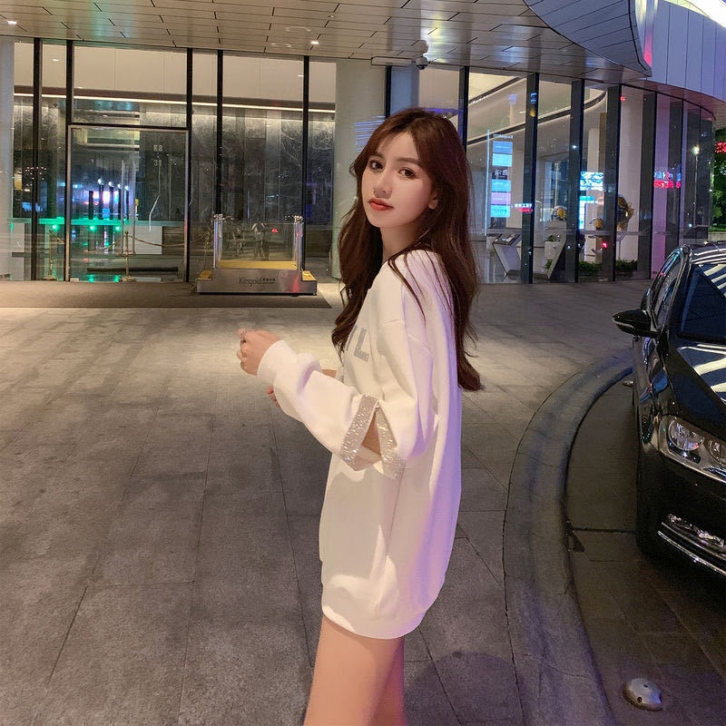 Áo Sweatshirt Khoét Lỗ Dáng Rộng Tay Dài Lấp Lánh Phong Cách Hàn Quốc Thời Trang Mùa Thu Cho Nữ