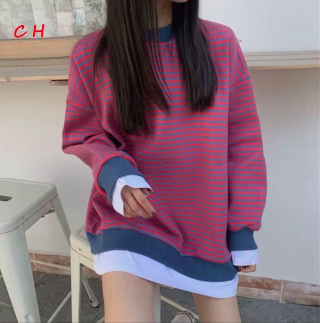 Áo kẻ ngang phối vạt trắng chất nỉ COH687