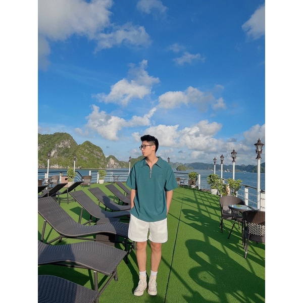 Set áo sơmi kéo khoá Zippy + quần short trắng basic Blaziee