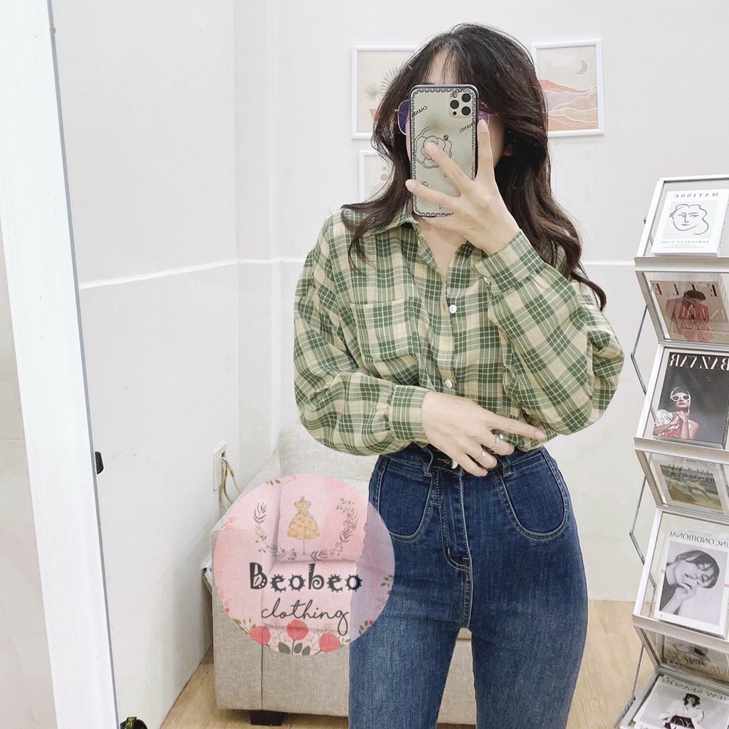 Áo sơ mi oversize sọc kẻ caro tay phồng nhiều màu ulzzang