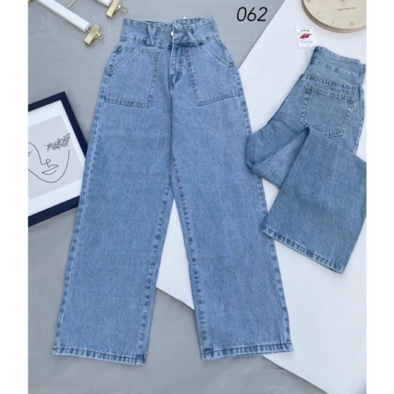 Quần jeans ống rộng túi vuông 2 khuy cạp cao hàn quốc ulzzang