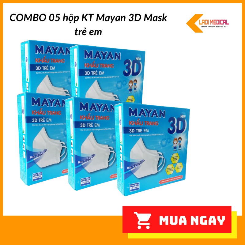 Combo 5 Hộp Khẩu trang cao cấp Mayan 3D trẻ em (10 cái/Hộp)