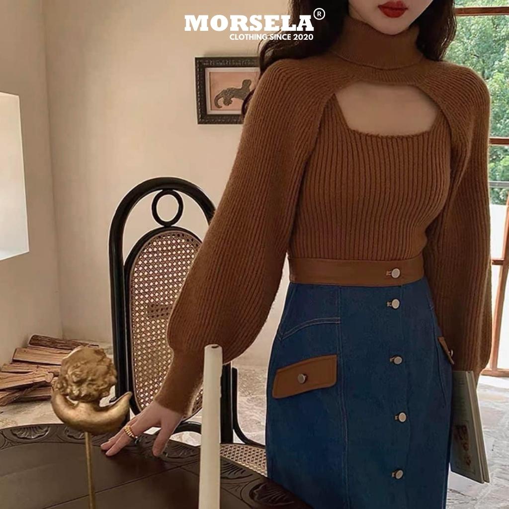 MORSELA® chính hãng - Set áo gân tăm tay dài croptop cổ lọ khoét ngực kèm áo kiểu tay bồng kèm ba lỗ phong cách bánh b