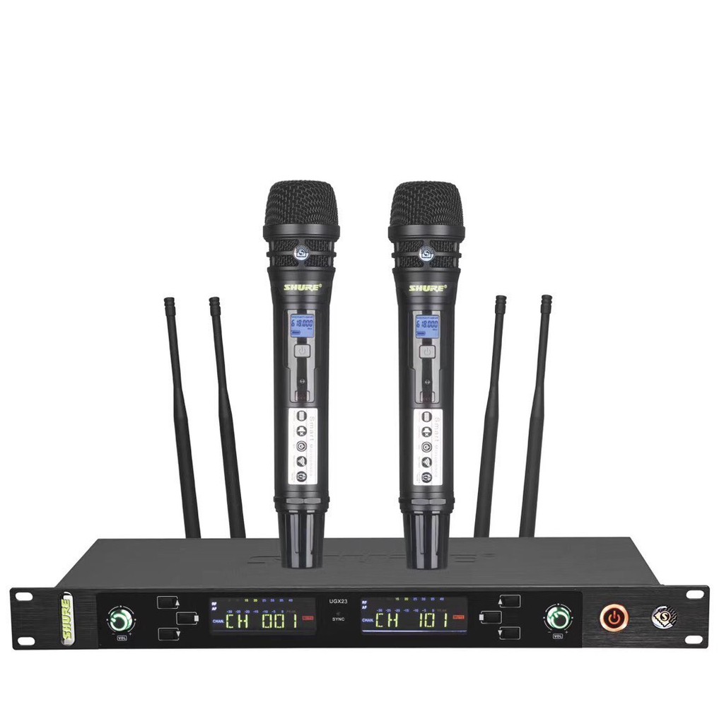 Micro không dây SHURE UGX23 4 mạch đỏ, chân tím, 4 hộp sóng lớn