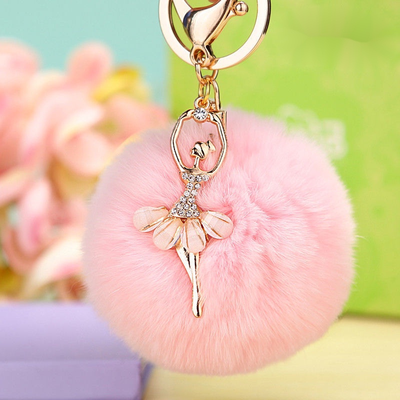 Phụ kiện handmade cục bông treo túi phụ kiện trang trí túi xách trang trí balo charm móc khoá charm đeo túi Móc Khóa Quả Cầu Lông Thỏ Đính Đá Dễ Thương