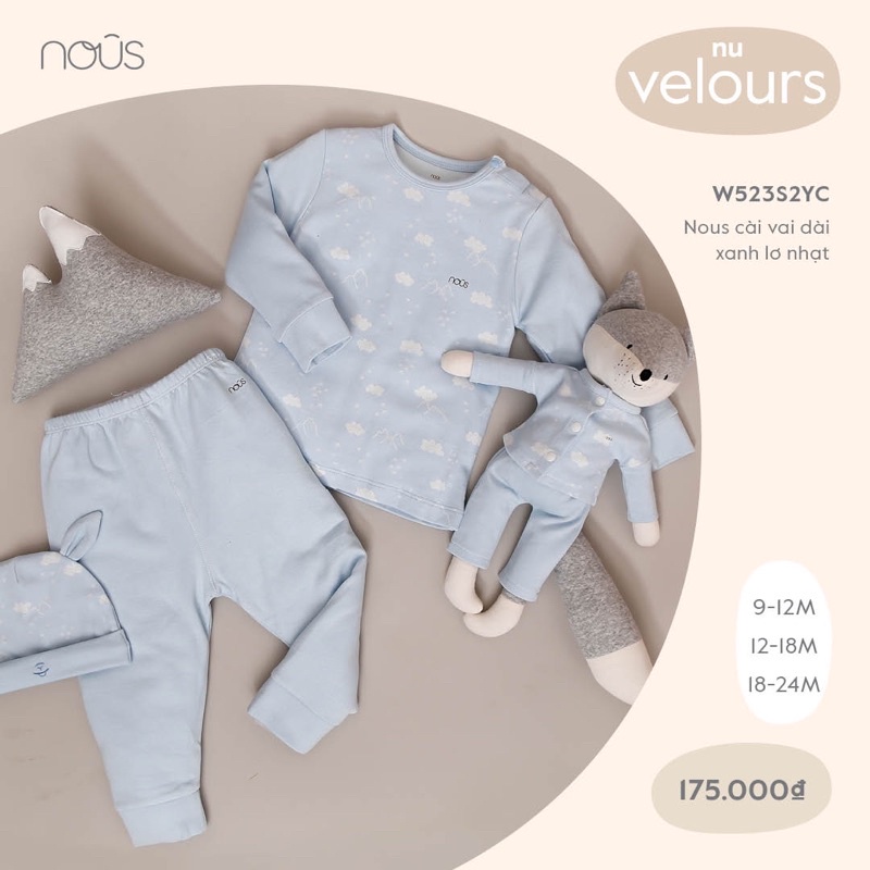 Nous bộ cài vai dài chất nỉ Velours  cho bé từ 9m-12m và 18-24m