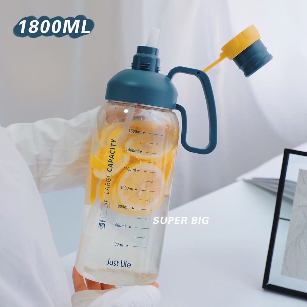 Bình Đựng Nước 1800ml Phong Cách Thể Thao Có Ống Hút