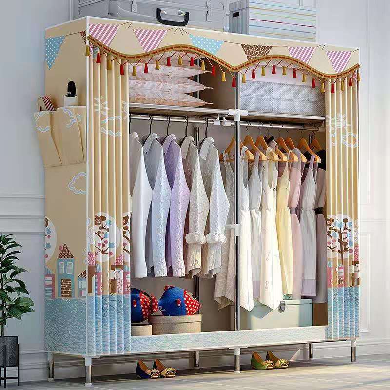 Sản phẩm mớiஐ▲Tủ quần áo bằng vải Tủ quần áo đơn giản Ống thép được gia cố đậm Nhỏ dày đôi Đơn toàn khung bằng thép Tủ q