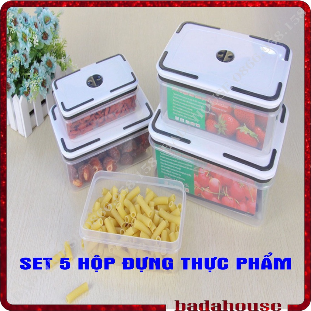 Hộp nhựa đựng thực phẩm, Hộp đựng thực phẩm tủ lạnh, 1 Bộ gồm 5 món chữ nhật
