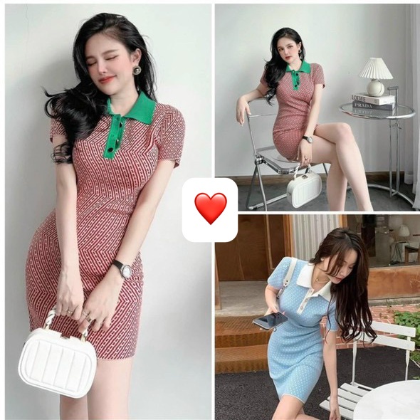 Đầm cổ bẻ cài nút cổ màu , phối màu sọc zíc zắc ôm body hot hit , chất thun gân dày dặn