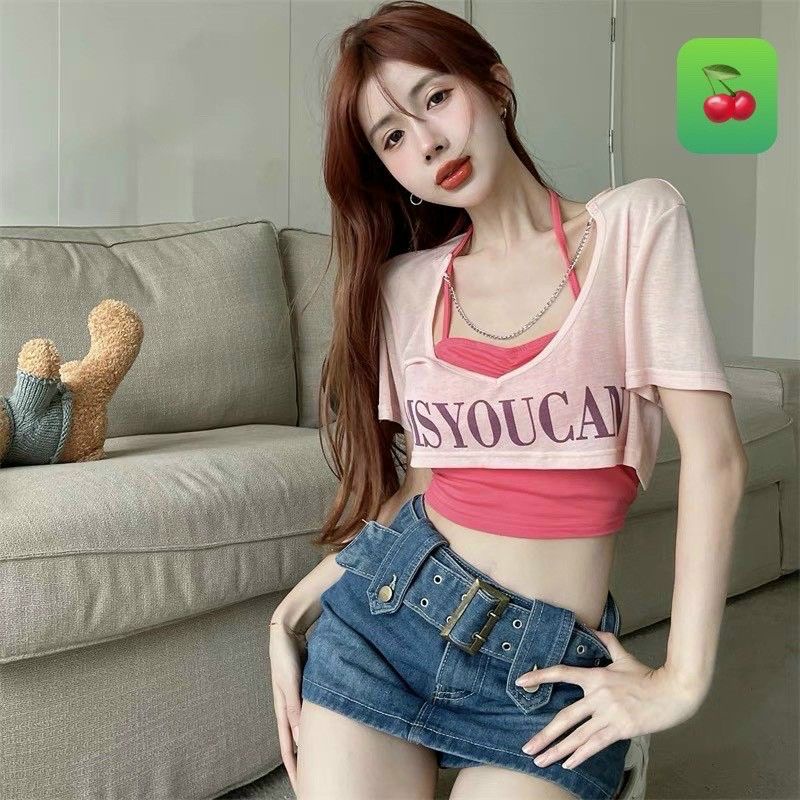 Sét áo cổ tim Croptop (gồm áo ngoài &amp; áo yếm bên trong) A15