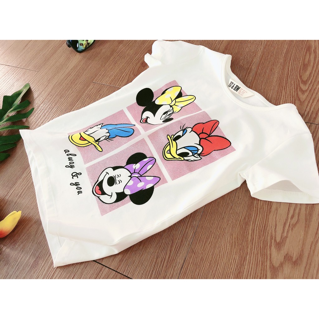 Áo thun bé gái 2-12 tuổi Hm hình Mickey và Donal, Áo cộc tay cho bé hàng xuất vải cotton thấm hôi