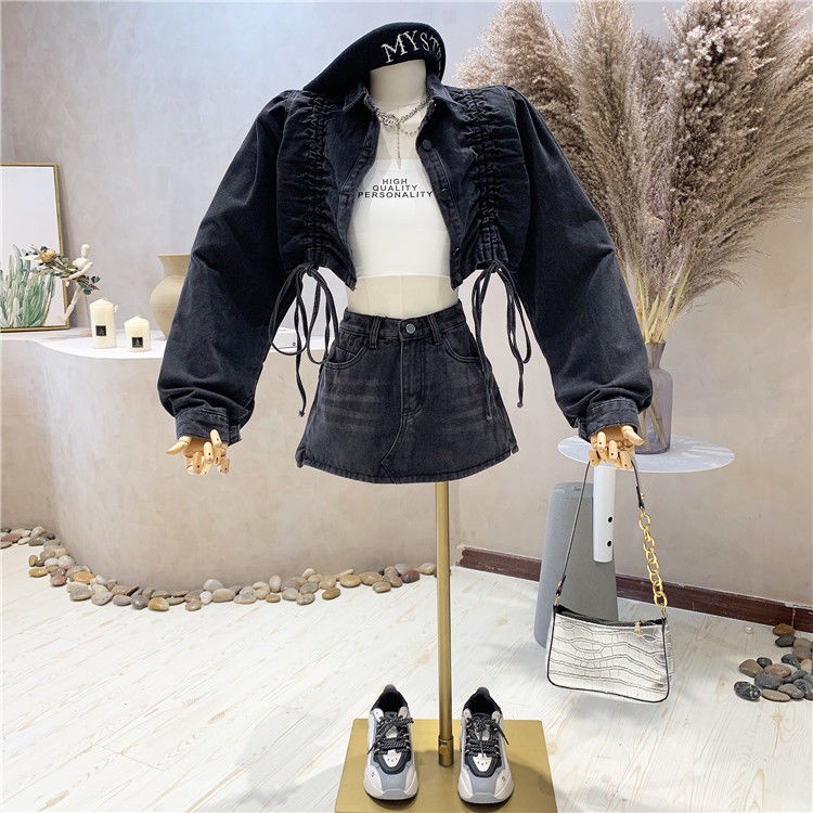 Áo khoác Denim dài tay phối dây rút thời trang mùa thu dành cho nữ | BigBuy360 - bigbuy360.vn
