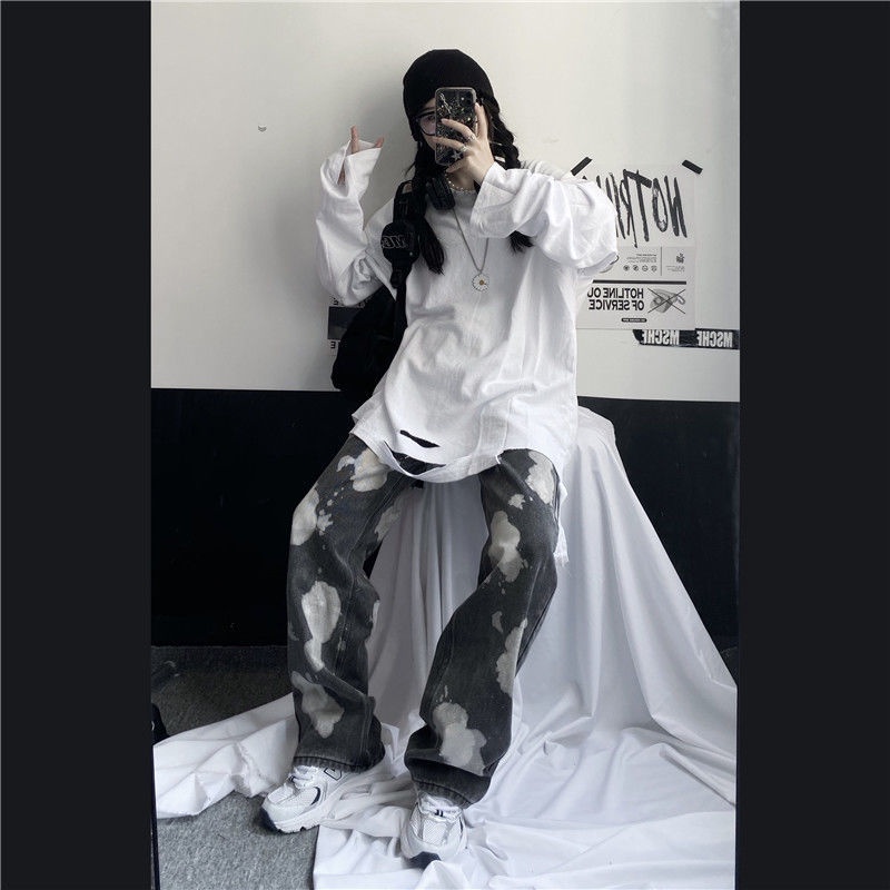 Jiashucheng Áo Thun Tay Dài Dáng Rộng Màu Trắng Rách Gối Phong Cách Hàn Quốc Thu Đông Mới Dễ Phối Đồ Cho Học Sinh Nữ @