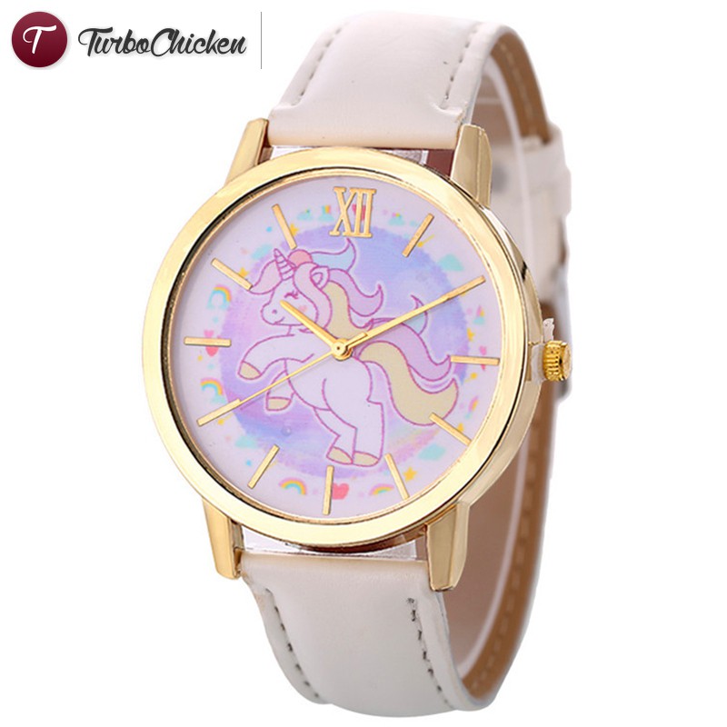 #Đồng hồ đeo tay# Women Watch Watches Happy Unicorn Cartoon Watch Leather Strap Quartz Watch