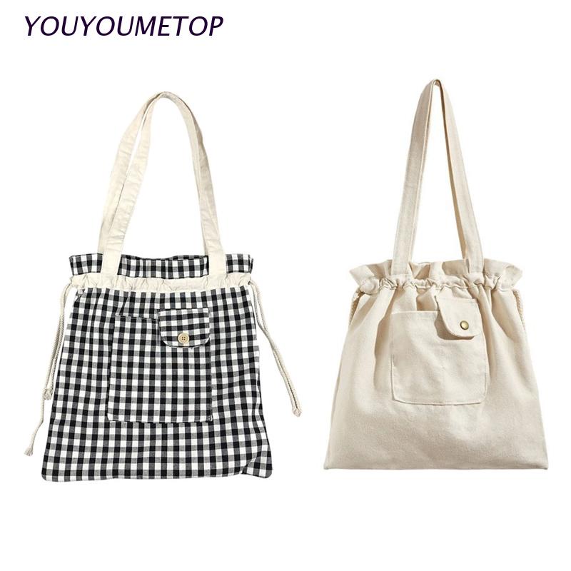 Túi tote đeo vai bằng vải canvas mềm sức chứa lớn có dây rút họa tiết sọc caro thời trang năng động