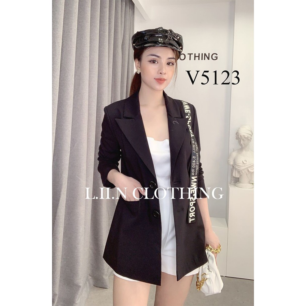 Áo vest nữ dáng dài Linbi màu đen, đủ size, mix dây chữ nổi bật thanh lịch, sang trọng Liin clothing V5123