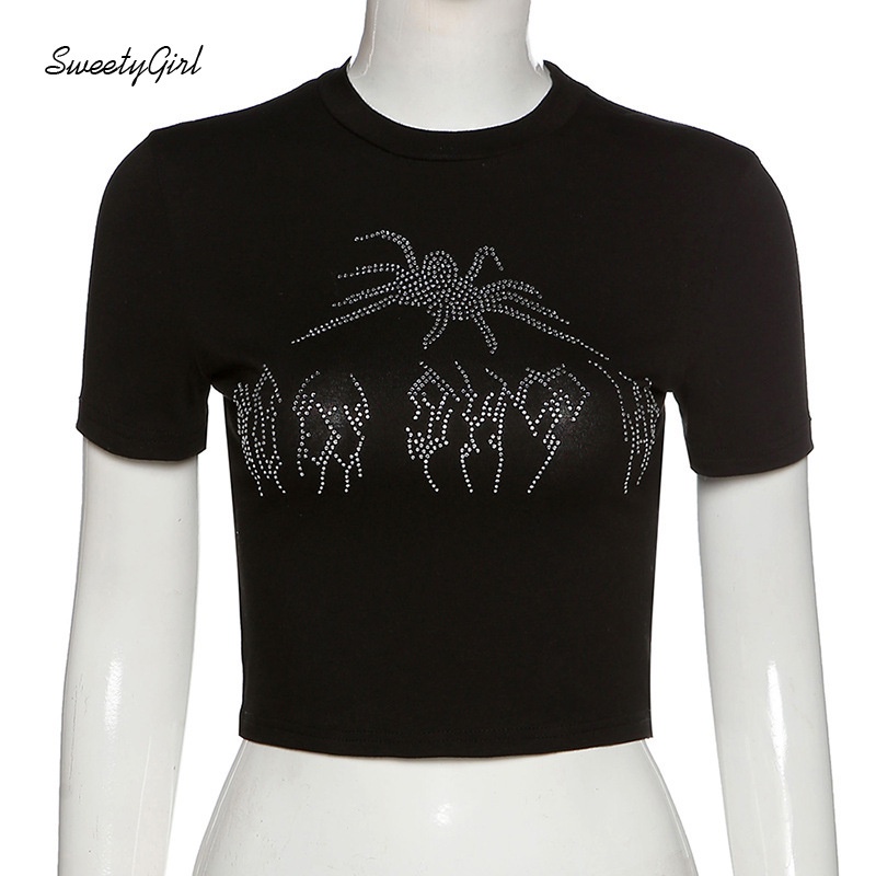 Áo croptop tay ngắn cổ tròn dáng ôm đính đá hình nhện thời trang cho nữ