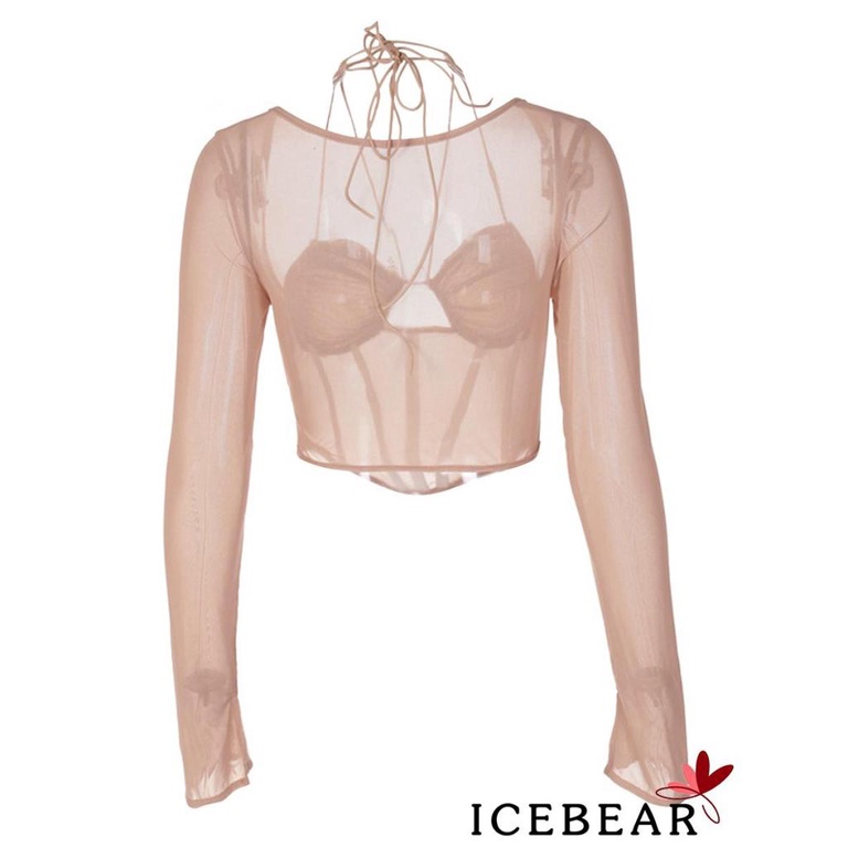 Áo Croptop Tay Dài Phối Lưới Nhiều Dây Cổ Khoét Sâu Màu Sắc Thời Trang Cho Nữ