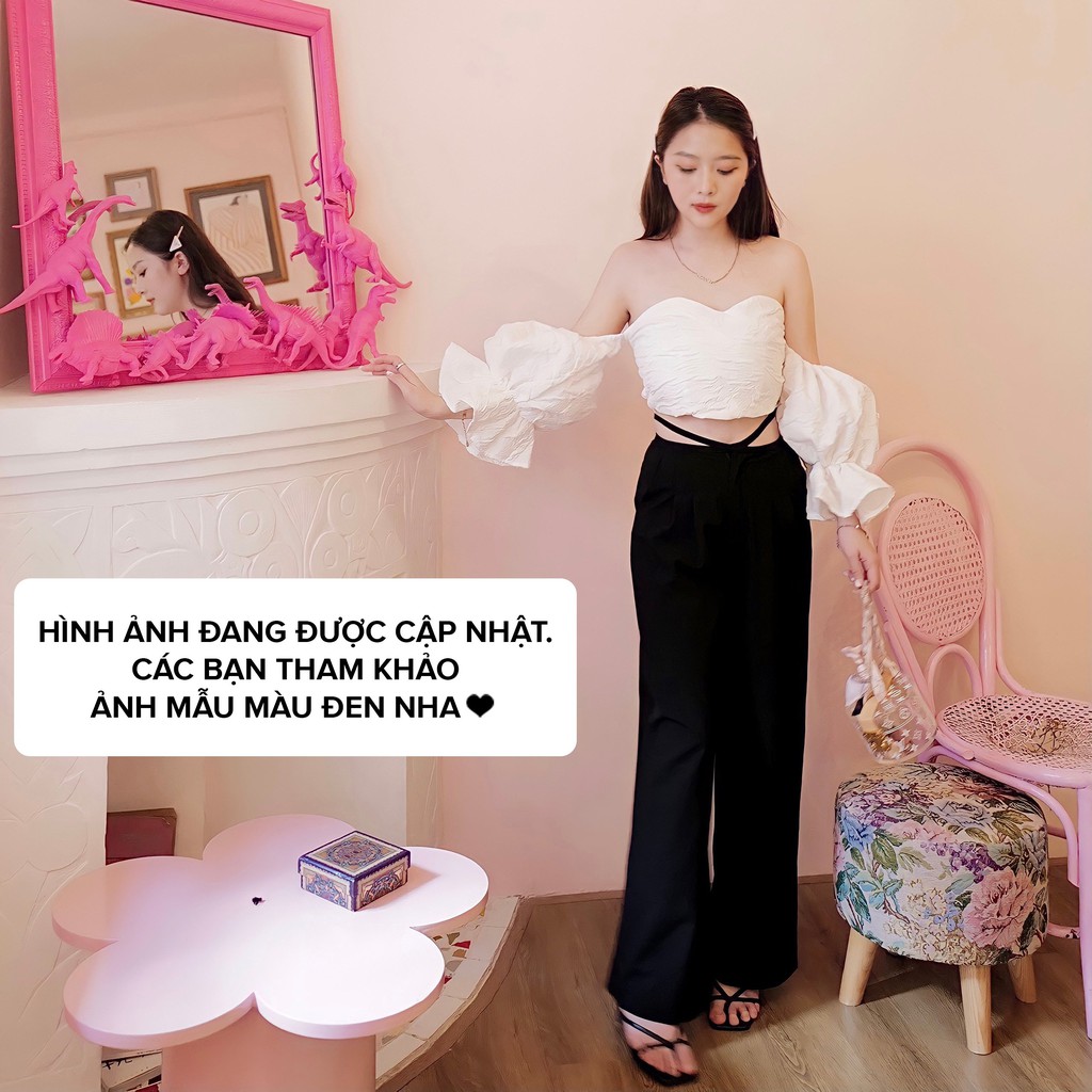 TINGOAN® - Quần dài ống xuông rộng chiết ly buộc dây eo chống nhăn trắng tingoan JANE CULOTTES v2/WH