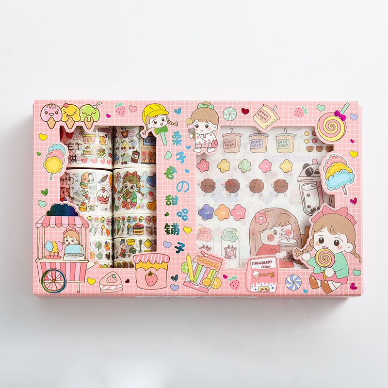 Hộp sticker cute washi tape dán sổ tay decor set 10 cuộn băng dính 10 hình dán sicker