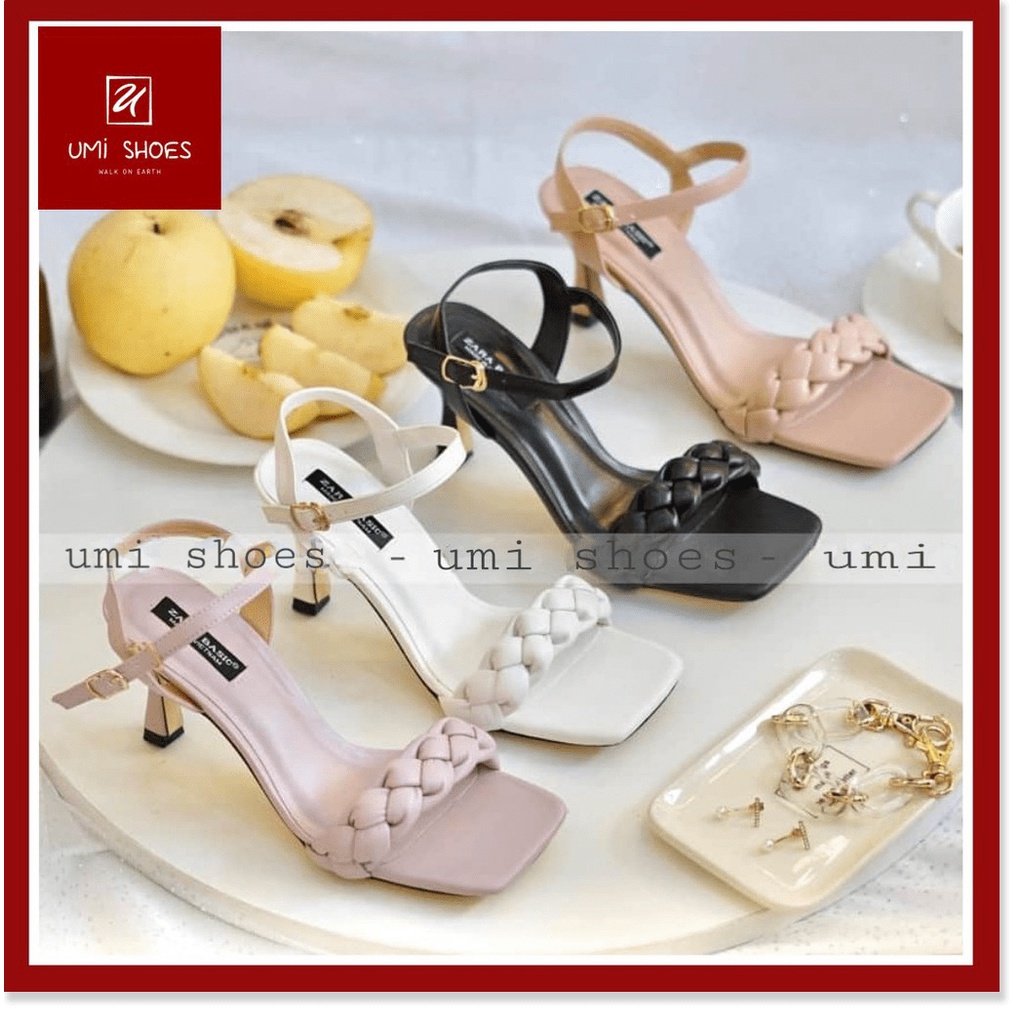 💖 Giày sandal cao gót 6cm quai ngang mảnh xoắn tết bện đan bính phồng kiểu mới hot trend mũi vuông đi chơi