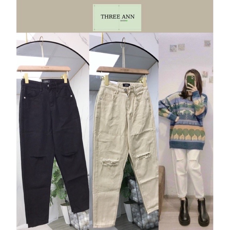 Quần Bò Bagy Nữ 3AN Rách Gối Kaki Lưng Cao