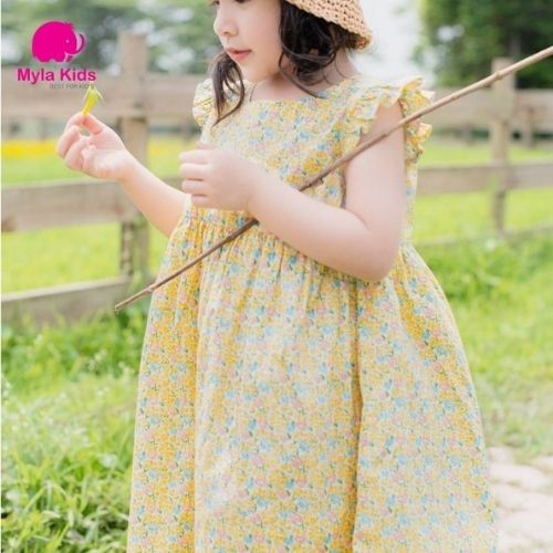 Đầm bé gái họa tiết hoa nhí màu vàng tay cánh tiên  Mylakids chất liệu thô cotton an toàn cho da bé
