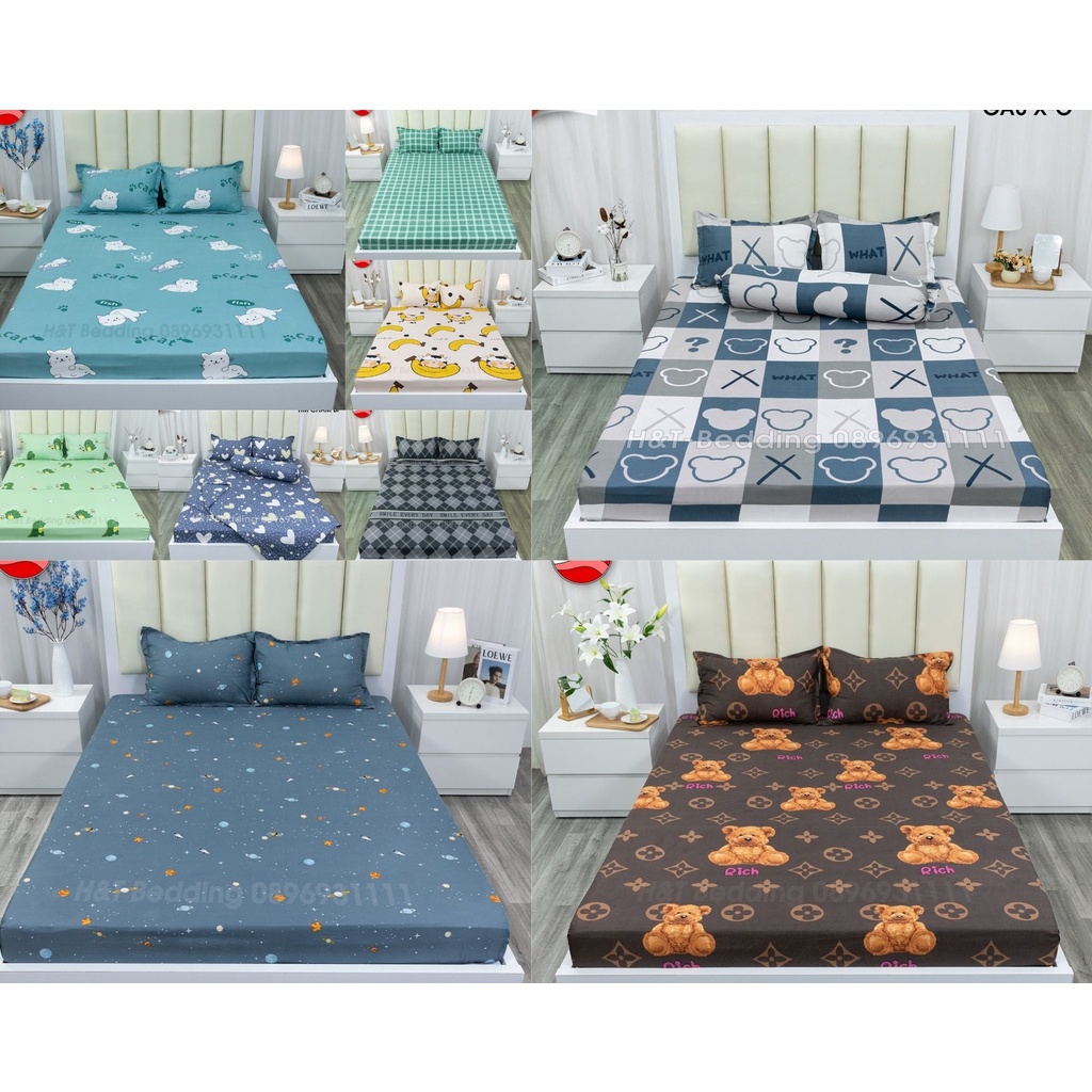 Bộ ga gối 3 món cotton poly gồm 1 ga và 2 vỏ gối, hoạ tiết trẻ trung, ga bo chun miễn phí, H&T Bedding chăn ga gối