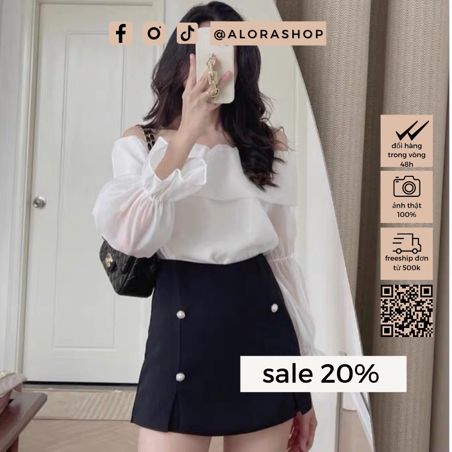 Áo trễ vai nữ chất organza xốp bèo ngực tay bo chun trắng, be thời trang nữ Alora