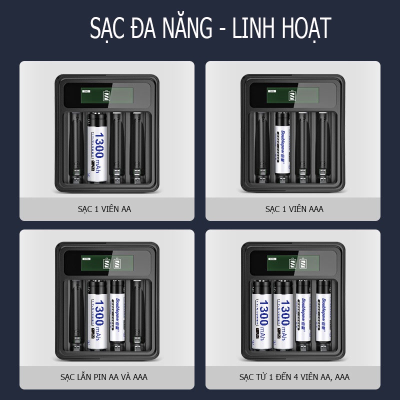 [DP-UKL575] Bộ sạc pin tiểu AA, AAA thông minh tự ngắt có màn hình LCD báo dung lượng chính hãng Doublepow
