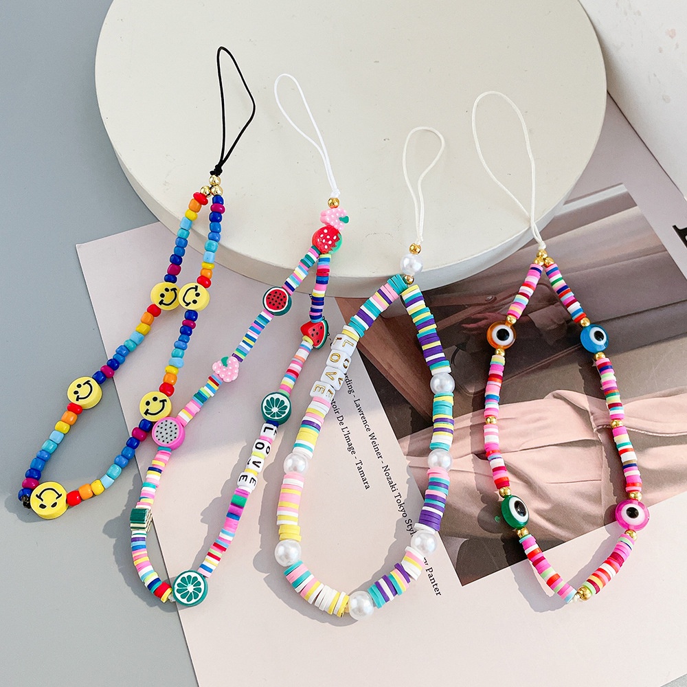 Dây Đeo Điện Thoại Chuỗi Hạt Ngọc Trai Nhiều Màu Hình Mặt Cười Mắt Quỷ