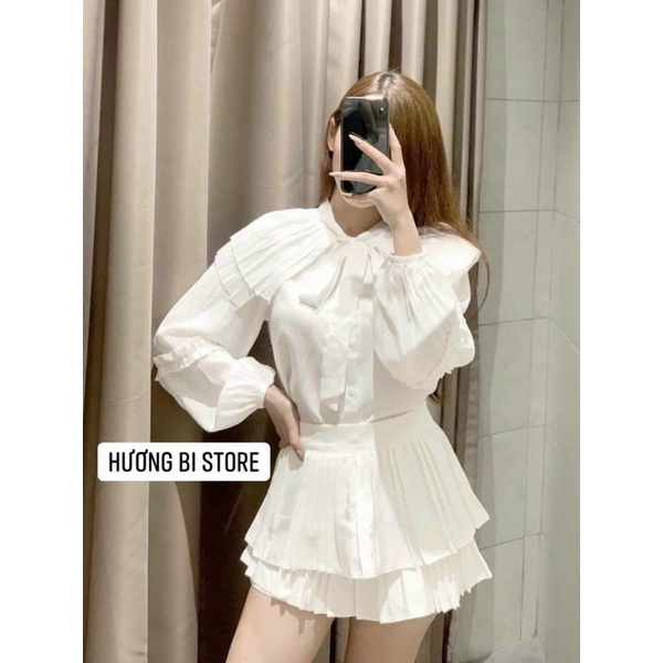 [Ảnh thật/sẵn] Áo sơmi tơ 2 lớp thiết kế cổ bèo dập ly/ sơ mi nữ