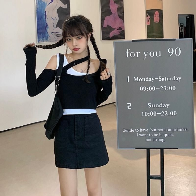 Áo trễ vai ôm dáng giả 2 lớp phong cách thời trang Hàn Quốc dành cho nữ