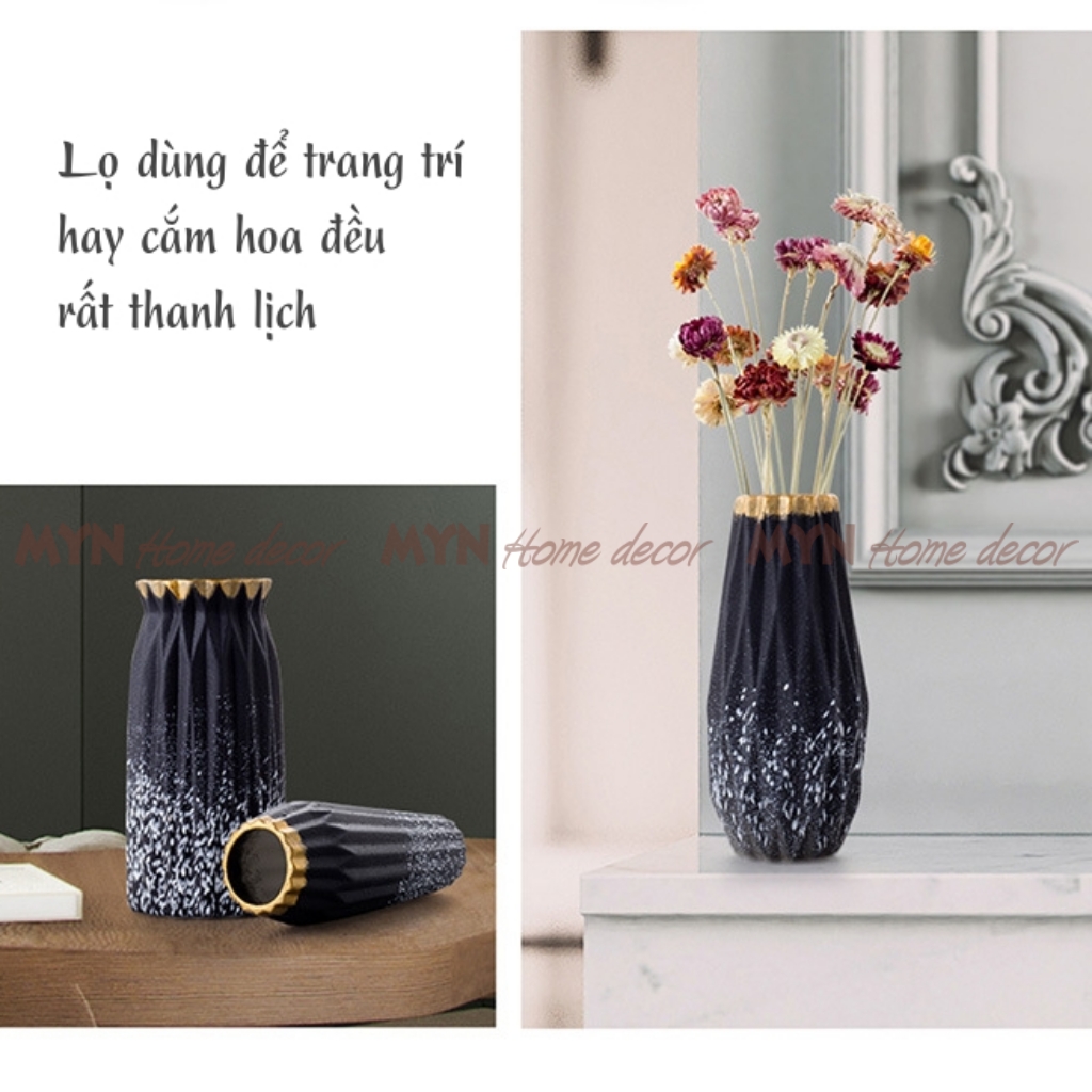 Lọ hoa gốm vân đá men mờ trang trí nhà đen mạ vàng MYN Home Decor