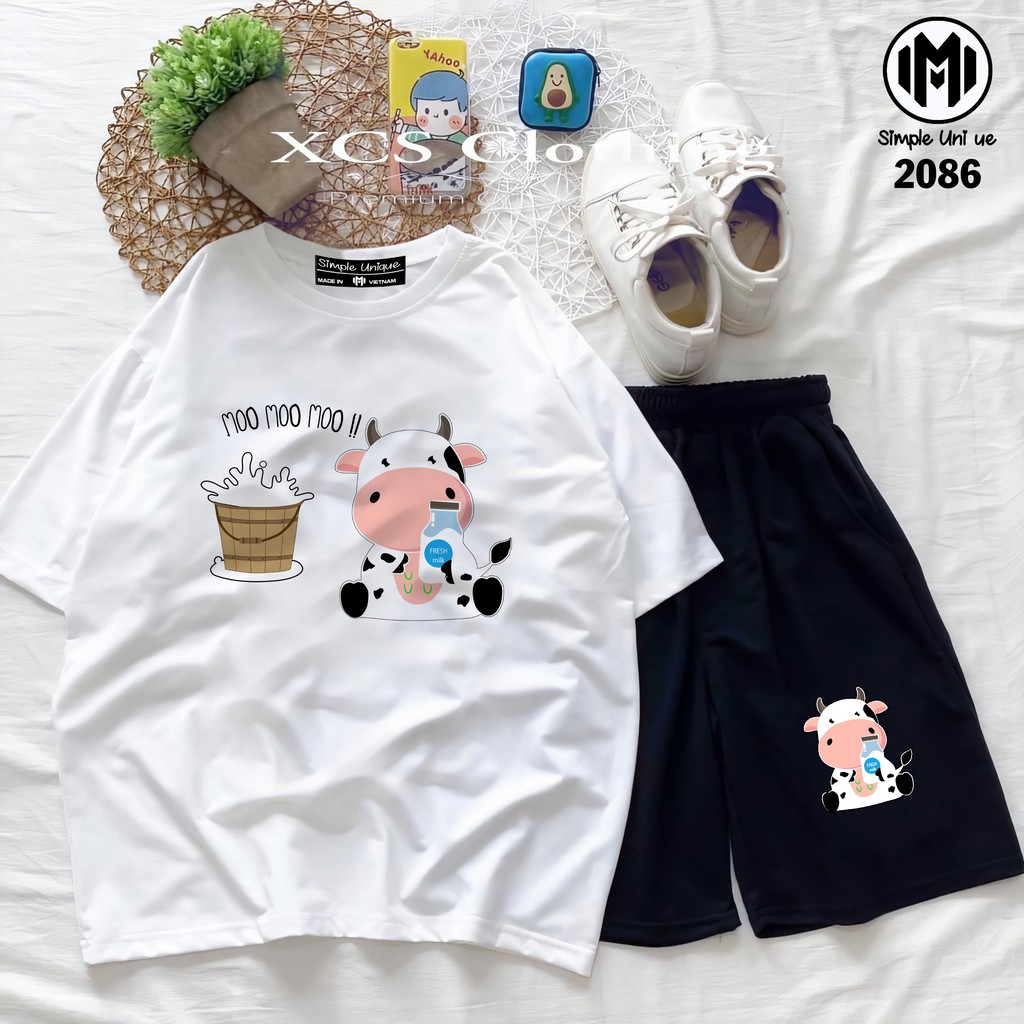 Đồ Bộ Hoạt Hình Unisex BÒ SỮA Aossi , Set Cartoon,  Thun Cotton , Quần short Unisex Nam Nữ Đều Mặc Được