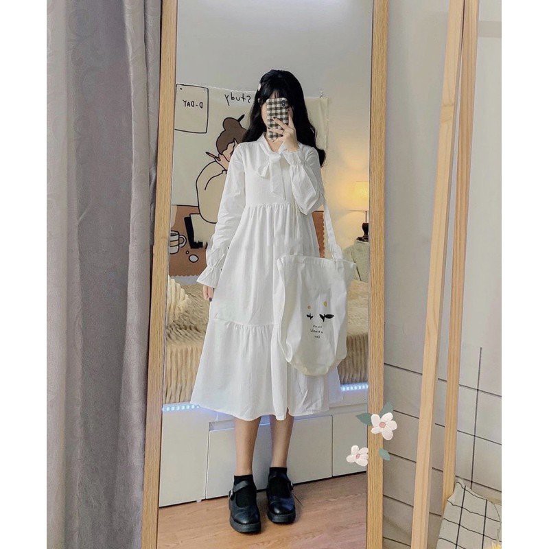 Váy đũi babydoll thắt nơ trắng dáng dài Ulzzang Quảng Châu Váy nàng thơ dáng dài - Lymz Store