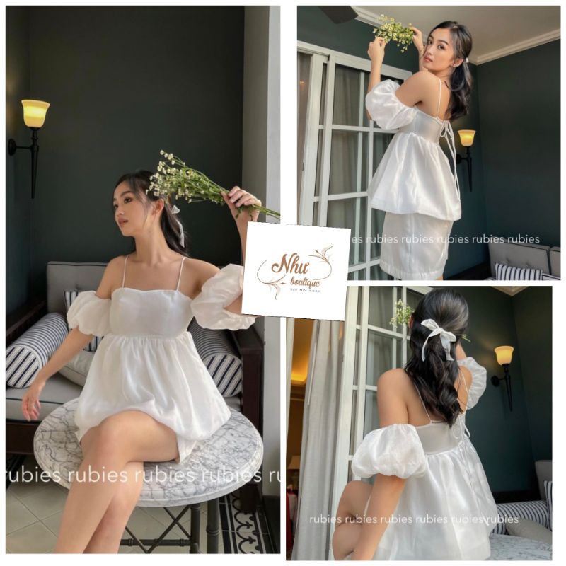set áo babydoll trễ vai đan dây tay bồng + quần short trắng